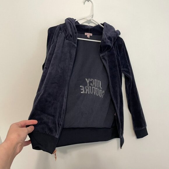 JUICY COUTURE Embellished Velour Hoodie Jacket Navy Blue w/ Back Sequin Logo Y2K - Picture 7 of 14